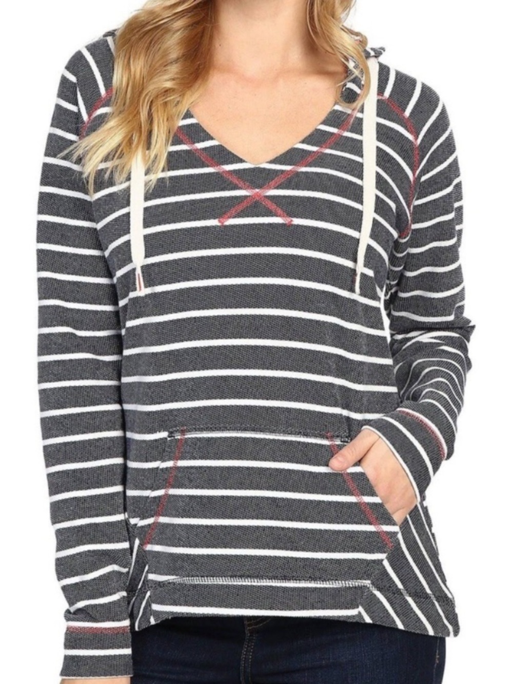 Columbia Charcoal & White Striped V-Neck Hoodie with Cream Drawstrings